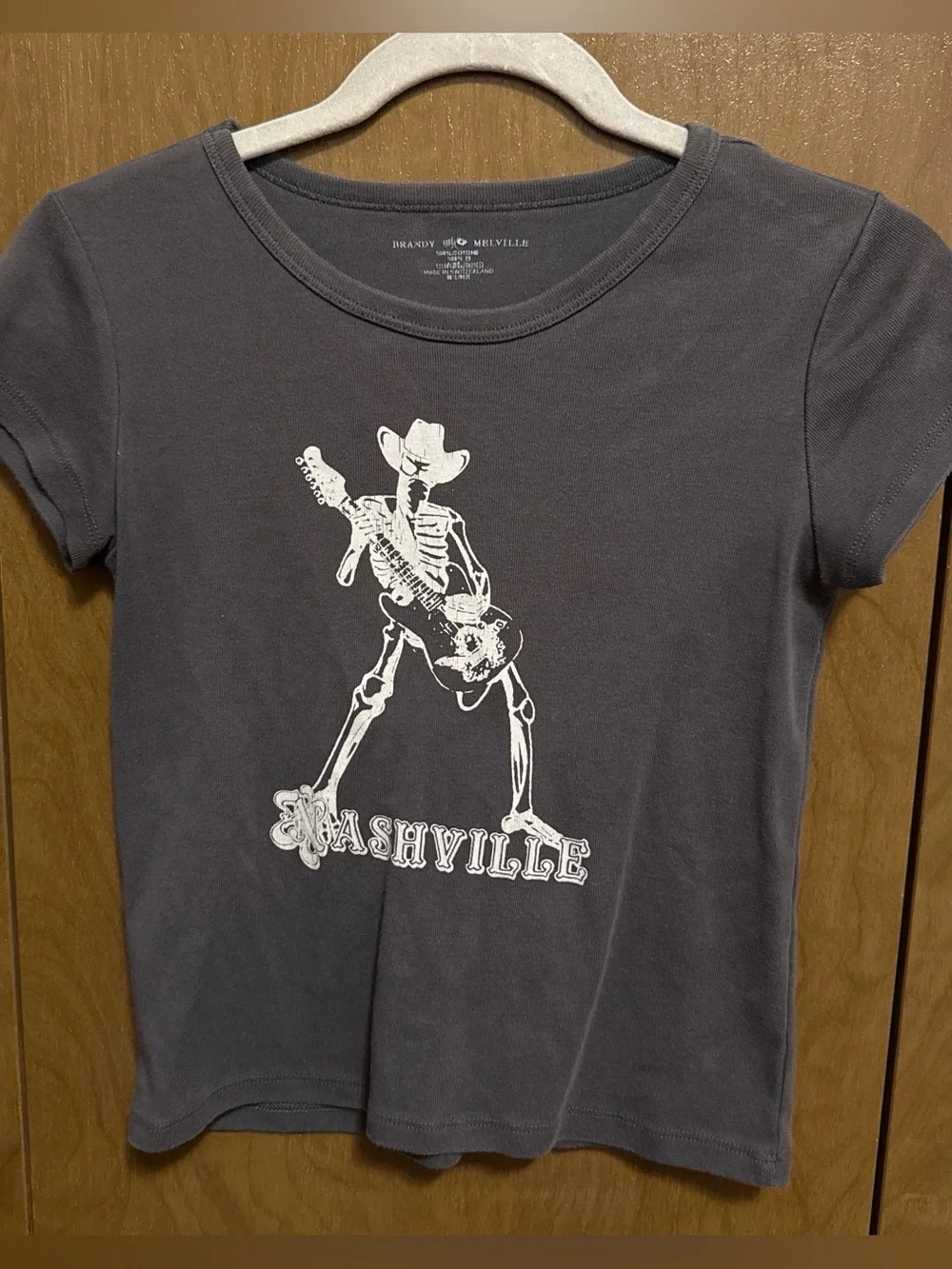 Brandy Melville Charcoal Tee with White Nashville Skeleton Graphic - Picture 1 of 2